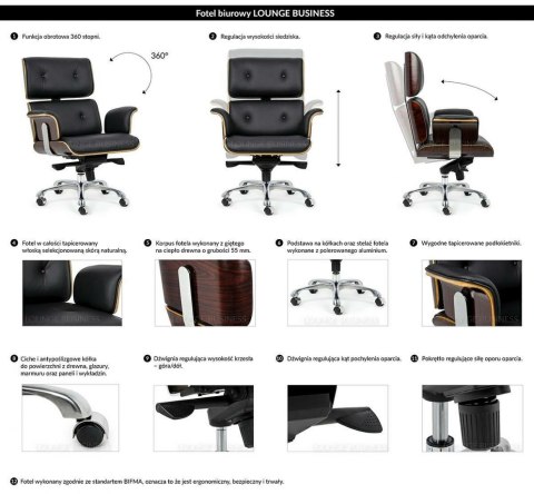 -15% Fotel biurowy LOUNGE BUSINESS czarny - sklejka orzech, skóra naturalna, stal polerowana -15% Fotel biurowy LOUNGE BUSINESS czarny - sklejka orzech, skóra naturalna, stal polerowana